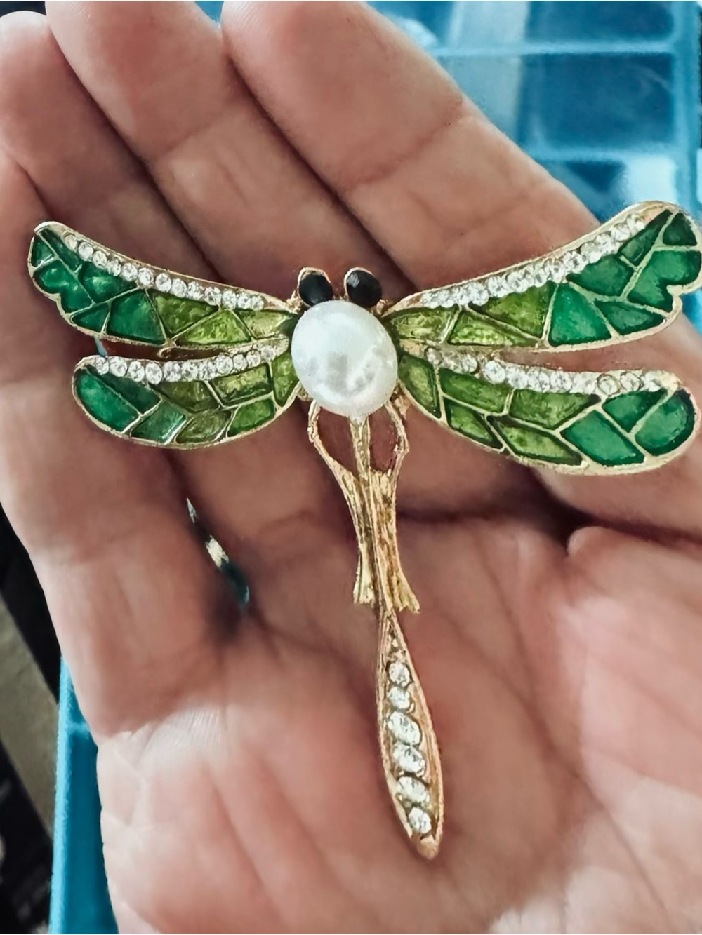 Betsey Johnson Green Enamel Dragonfly Brooch with Pearl Accent